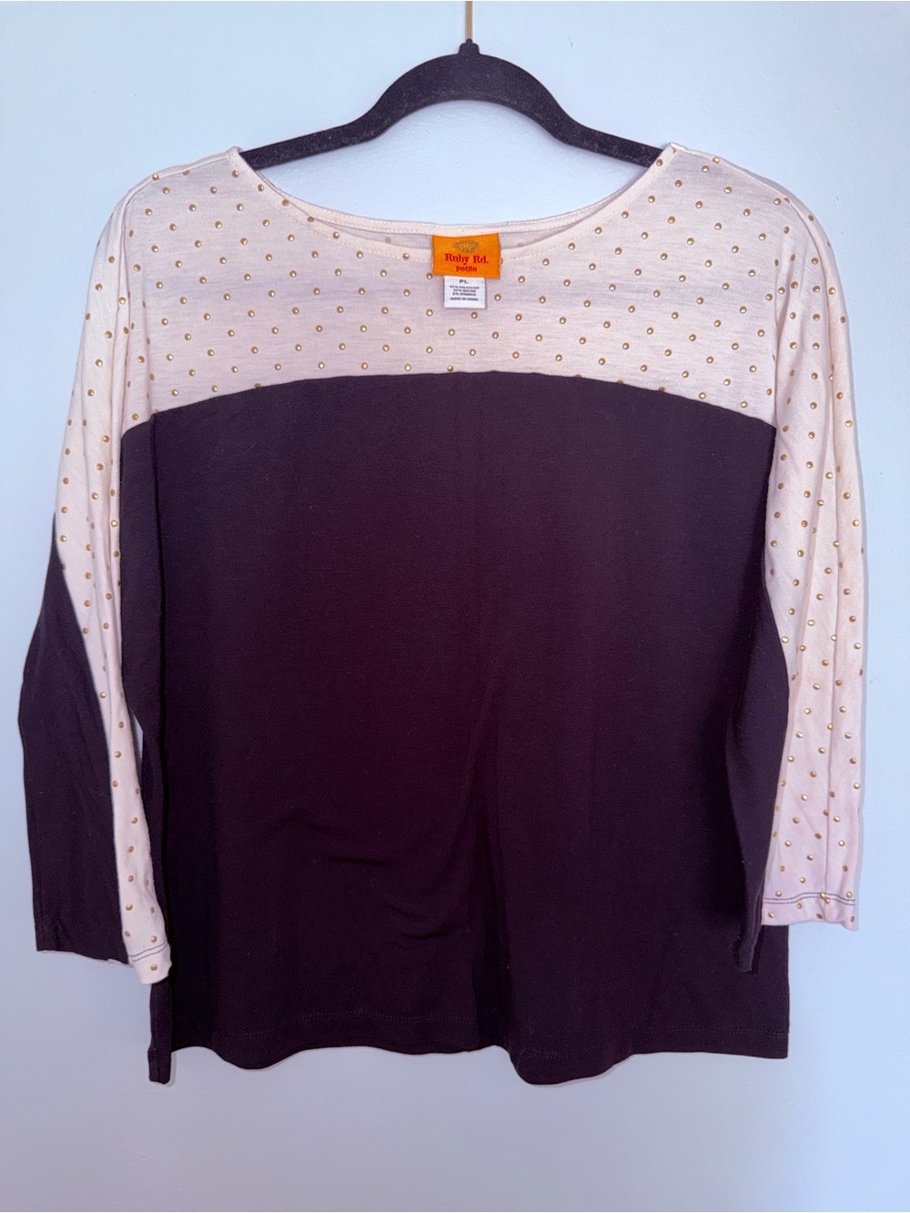 Ruby Rd. Two-Tone Black and Cream Studded Long-Sleeve Top size PL
